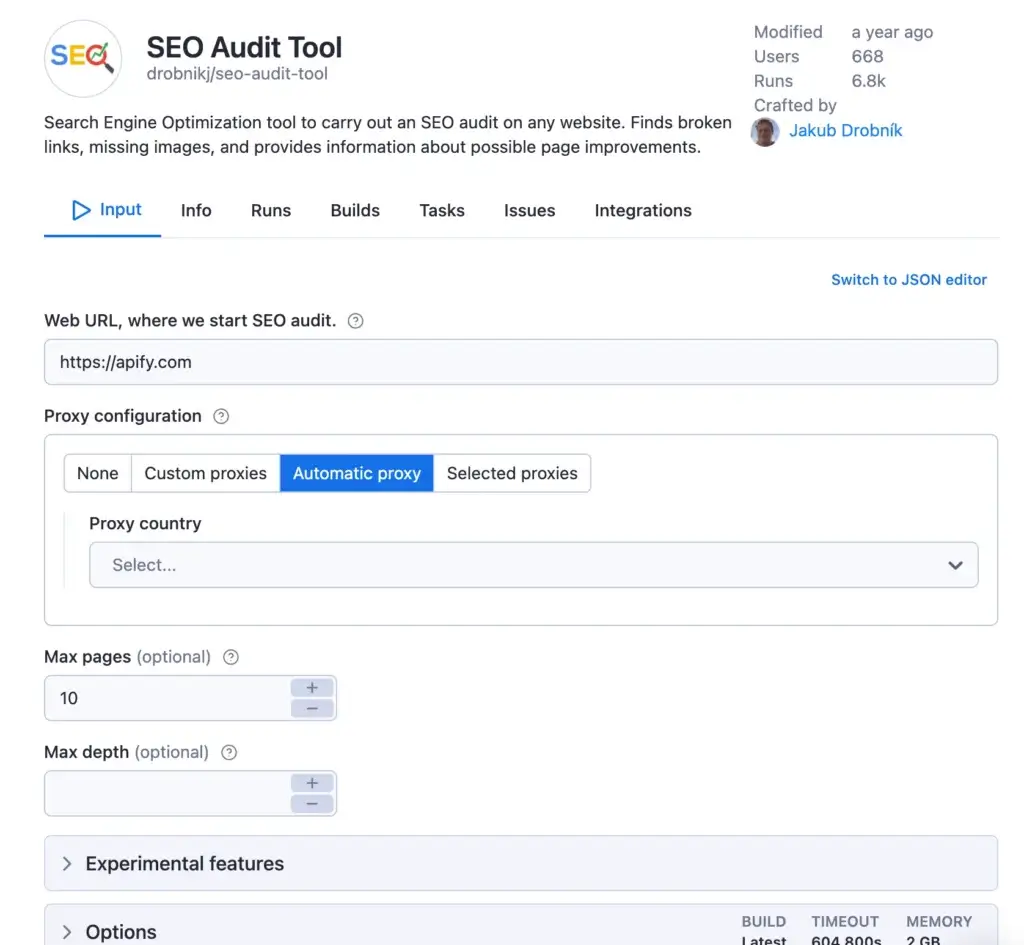 Apify SEO Audit Tool Actor configuration with URL, proxy, page limit, and crawl depth settings