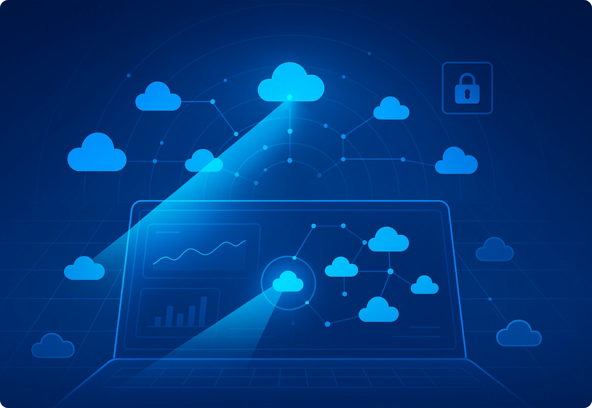 Illustration of a laptop monitoring connected cloud services and security risks