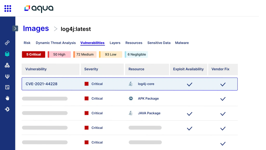 Aqua Security vulnerability list for a container image showing severity and available fixes