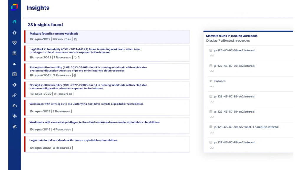 Aqua Security Insights screen listing malware and exploitable workload risks