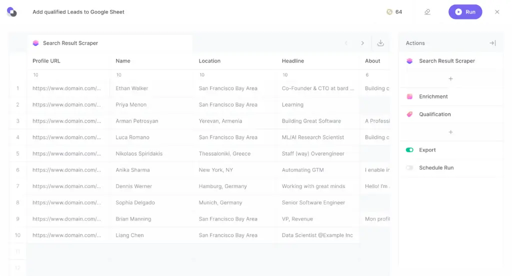 Bardeen workflow showing scraped lead data, enrichment, qualification, export, and scheduling actions