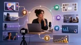 Creator workspace with design, video, podcast, mobile content, and analytics tools