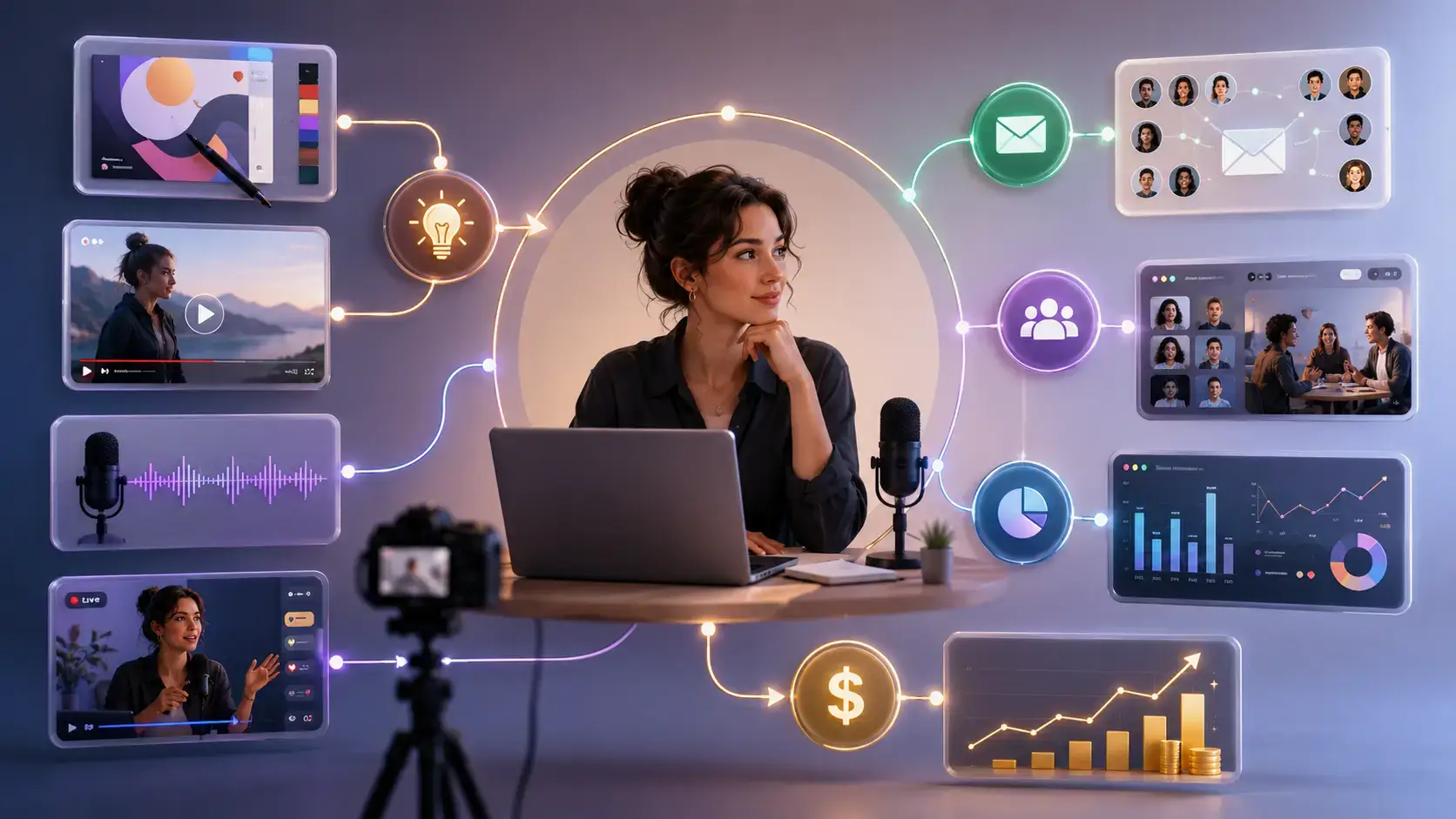 Creator workspace with design, video, podcast, mobile content, and analytics tools