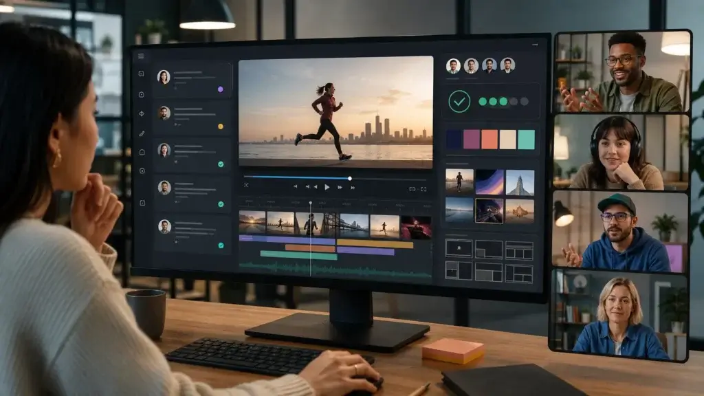 Marketing team collaborating on a branded video project and approval workflow