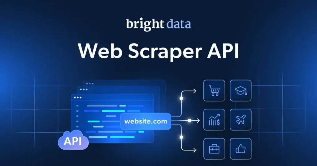Bright Data Web Scraper API illustration showing website data delivered to business use cases