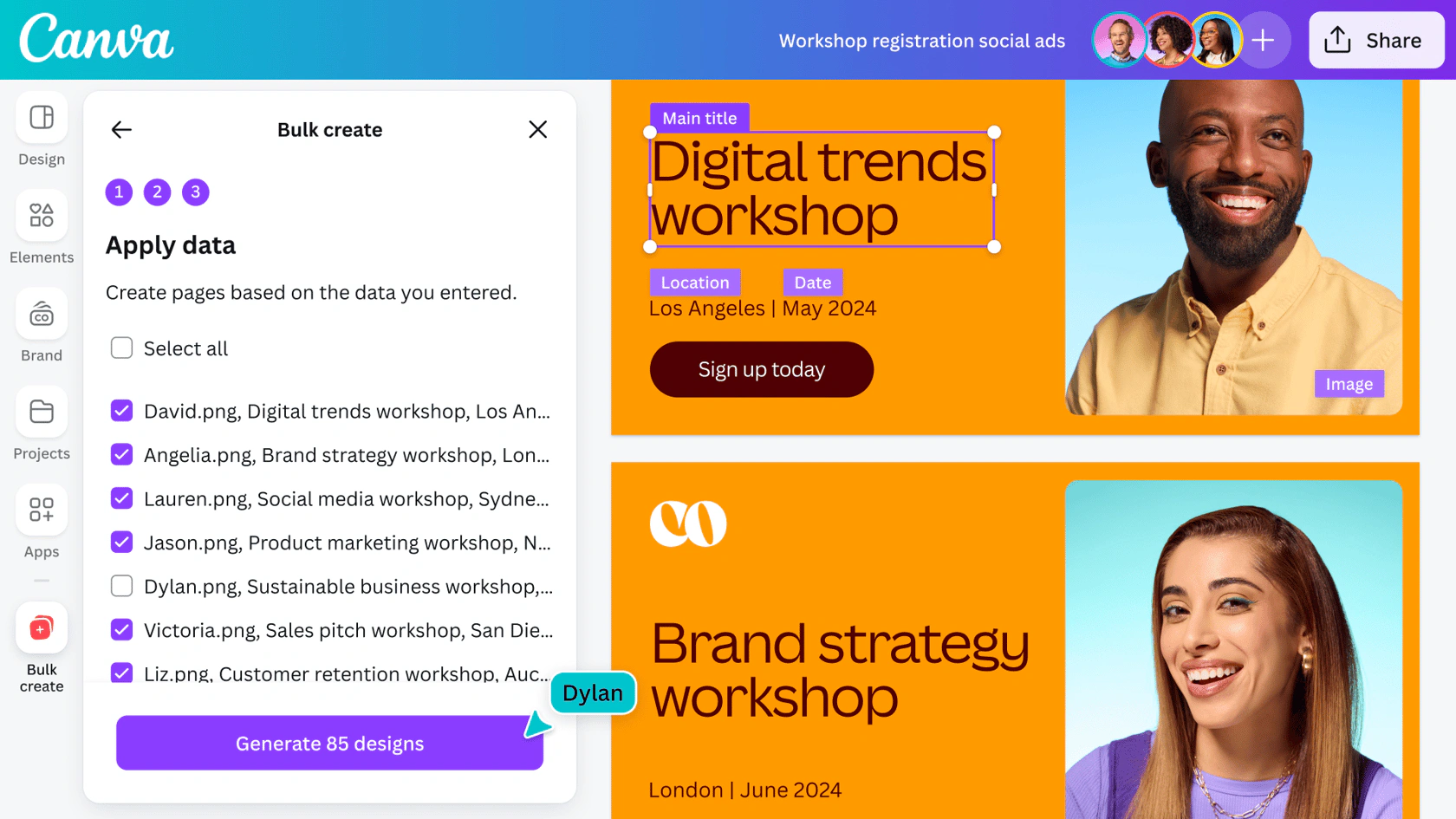 Canva Bulk Create interface generating workshop designs from rows of personalized data