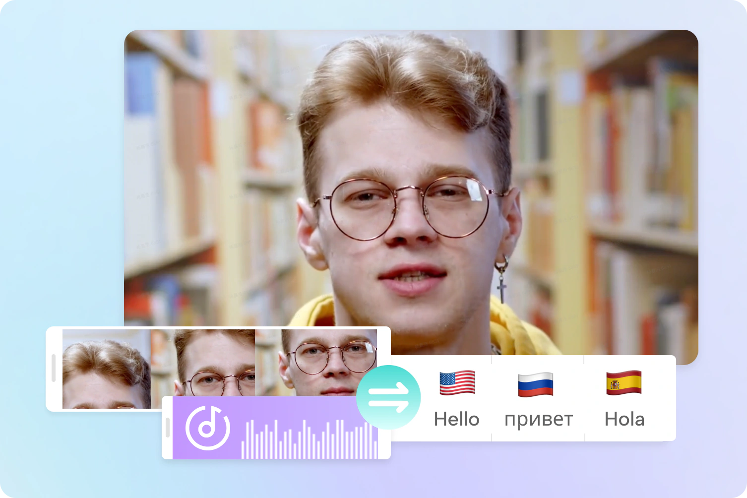 CapCut multilingual video graphic with English, Russian, and Spanish text