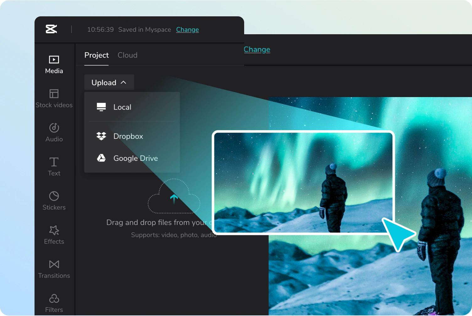 CapCut upload menu with local, Dropbox, and Google Drive options