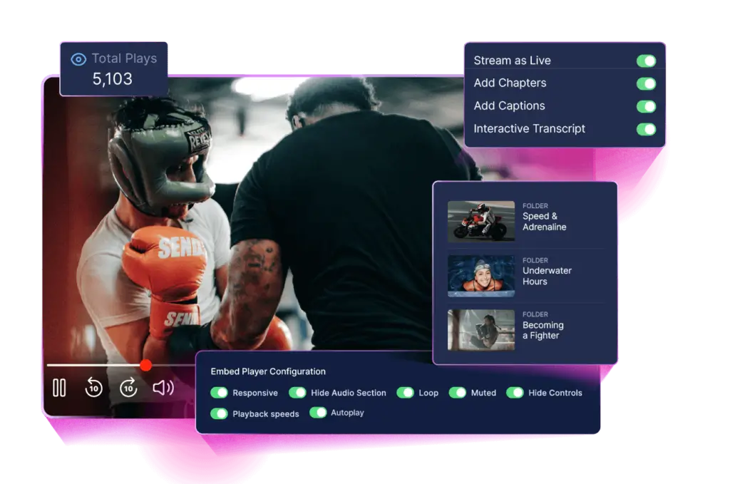 Castr video hosting player with folders, captions, chapters, transcript, and playback settings