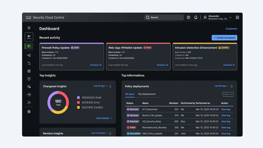 Cisco Security Cloud Control dashboard showing recent changesets, policy deployments, and status insights