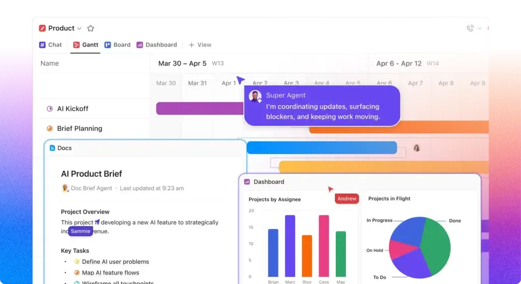 ClickUp Gantt chart with AI agent, project brief, and dashboard analytics