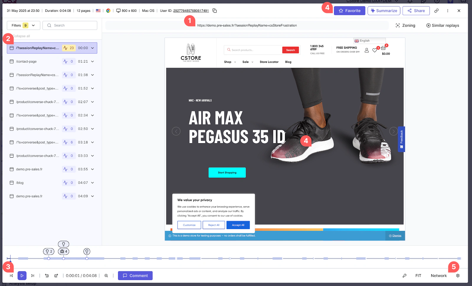 Contentsquare Session Replay showing an ecommerce visit with page history and playback controls