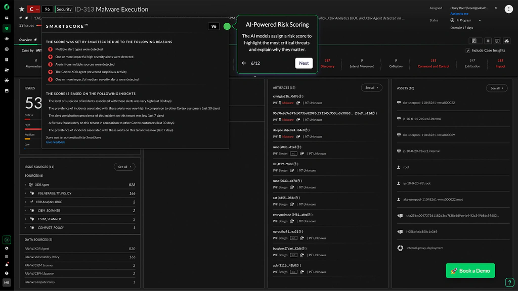 Cortex Cloud malware execution case showing SmartScore and AI-powered risk scoring
