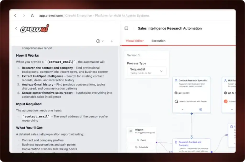 CrewAI Studio visual editor for a sales intelligence agent workflow