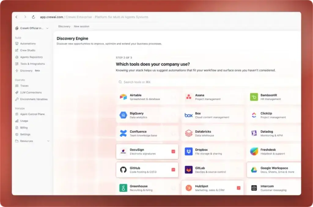 CrewAI Discovery Engine showing supported business software integrations