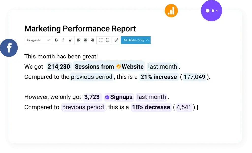 Databox marketing report comparing website sessions and signups with the previous period