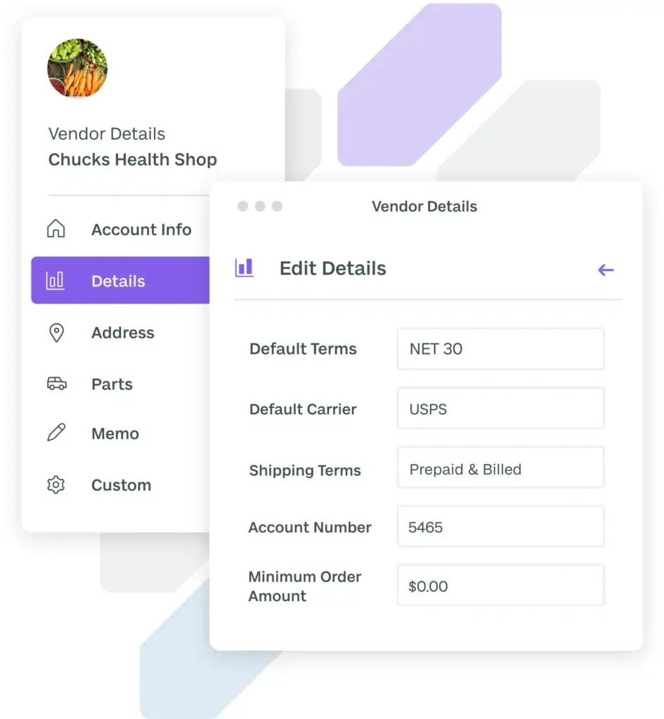 Fishbowl vendor details screen for purchasing and shipping settings