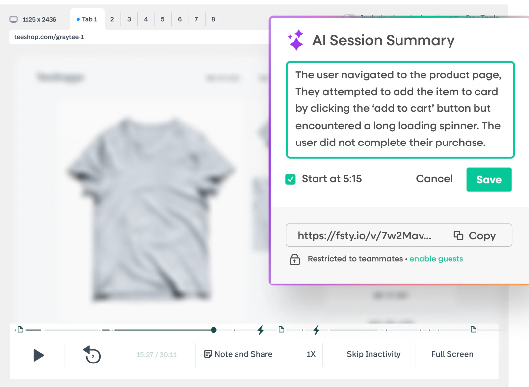 Fullstory session replay with an AI summary of an abandoned ecommerce purchase