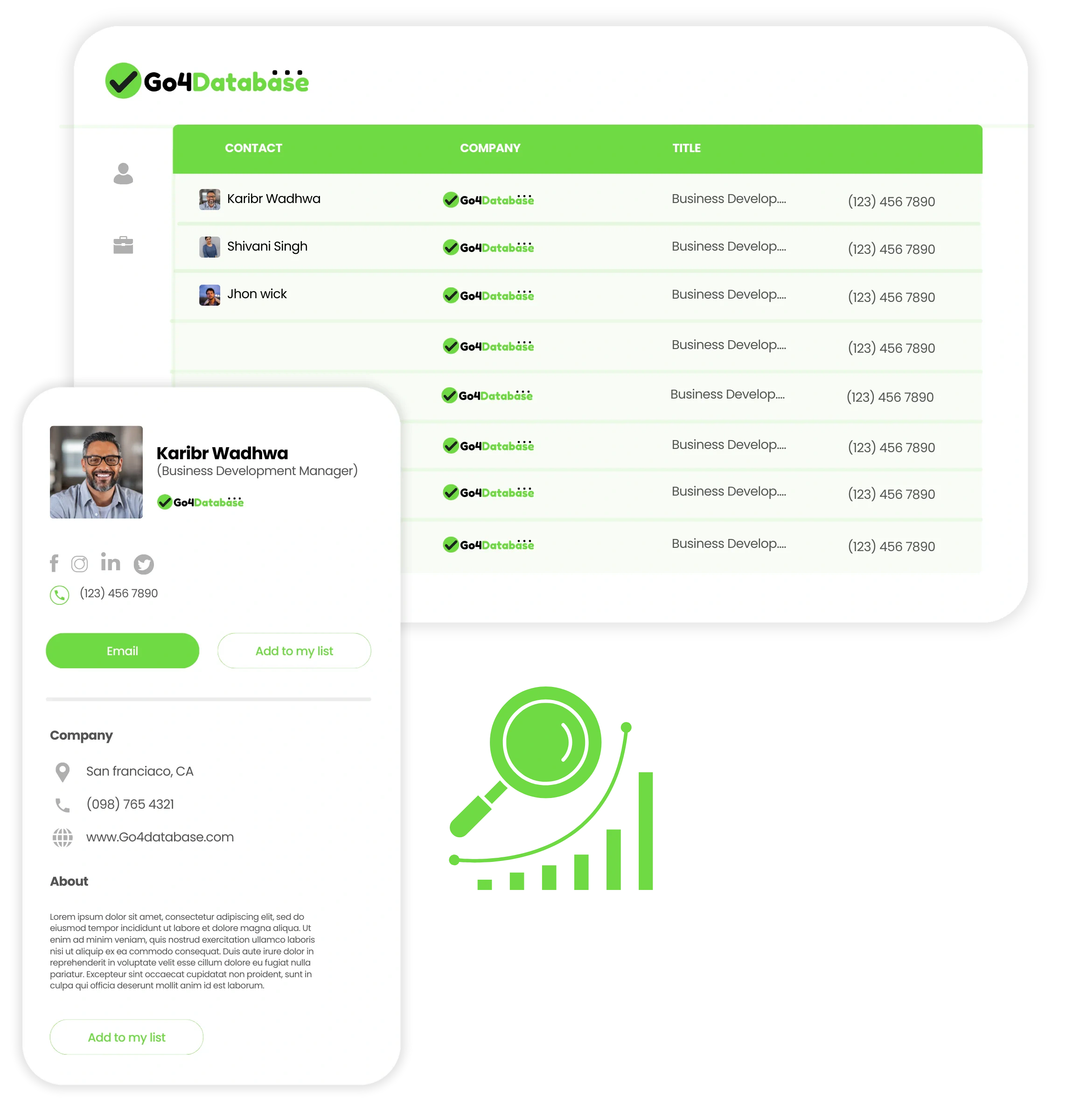 Go4Database contact list interface with company, title, and phone fields