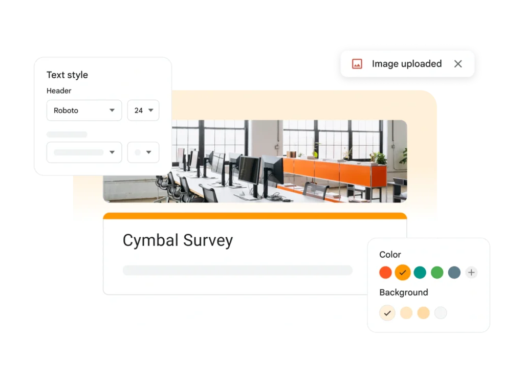 Google Forms customization options for fonts, colors, backgrounds, and header images