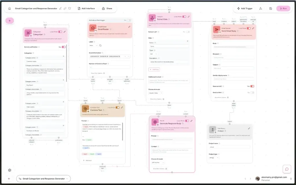 Gumloop workflow for categorizing Gmail messages and generating automated replies