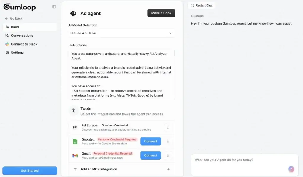 Gumloop AI agent builder with model selection, instructions, and connected tools