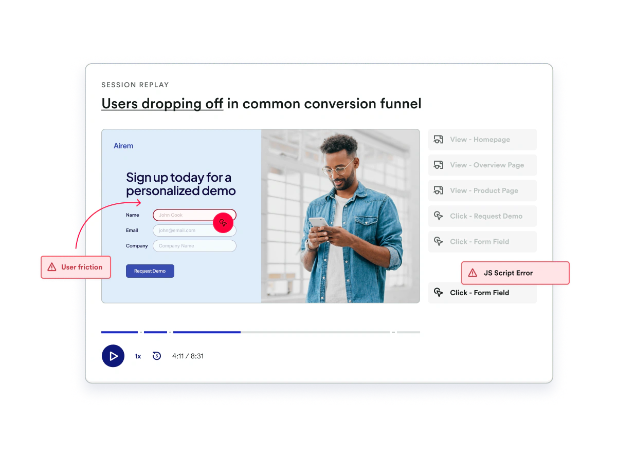 Heap session replay showing user friction and a JavaScript error during a demo form interaction