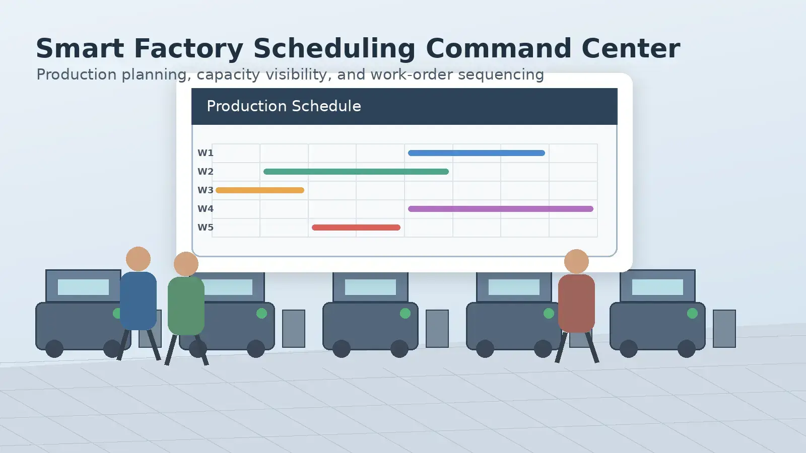 Manufacturing scheduling system dashboard in a modern factory control room