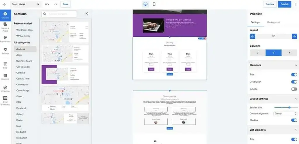 Bluehost website editor showing page sections, layout controls, and pricing block settings