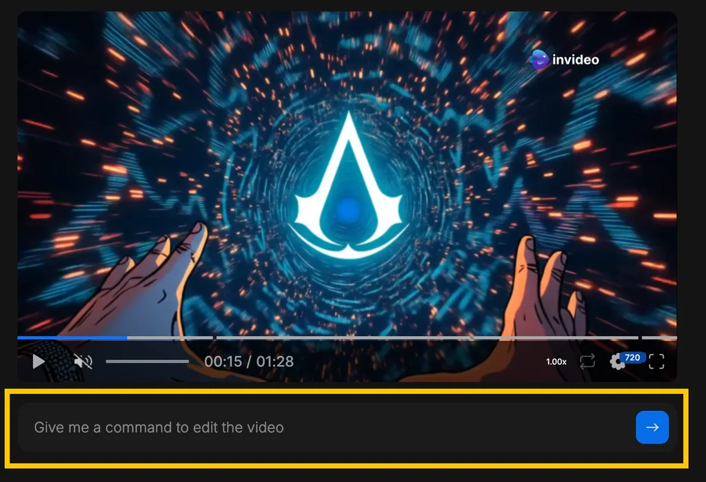 InVideo AI video preview with text command editing field