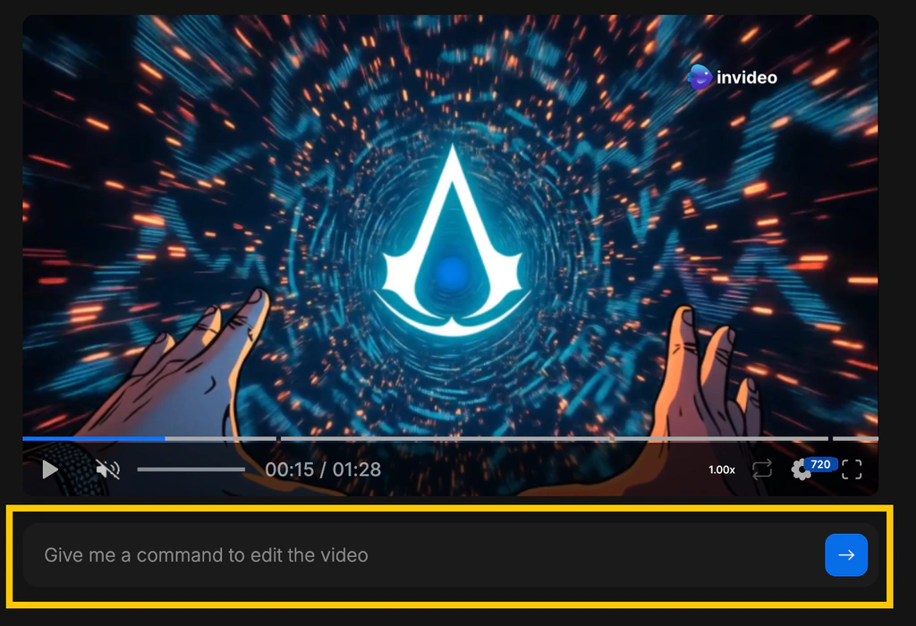 InVideo AI video preview with text command editing field