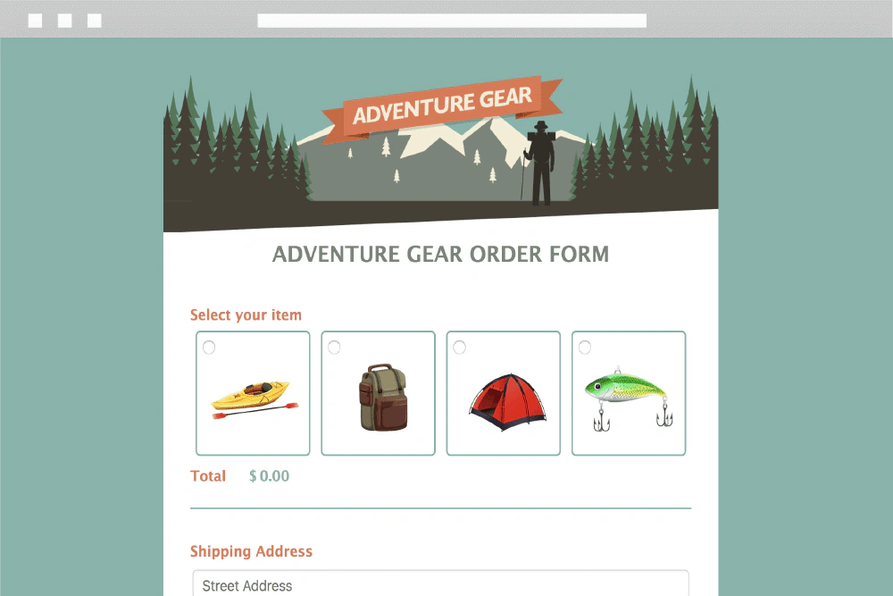 Jotform adventure gear order form with product choices and shipping fields