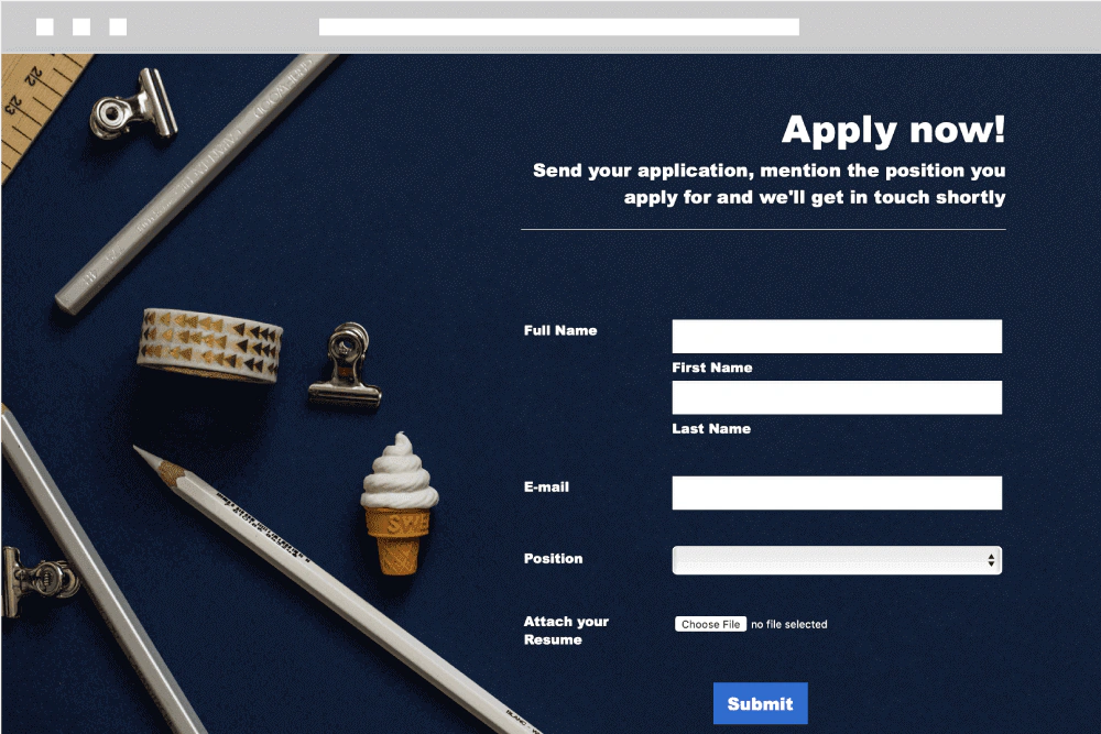 Jotform job application form with name, email, position, and resume upload fields