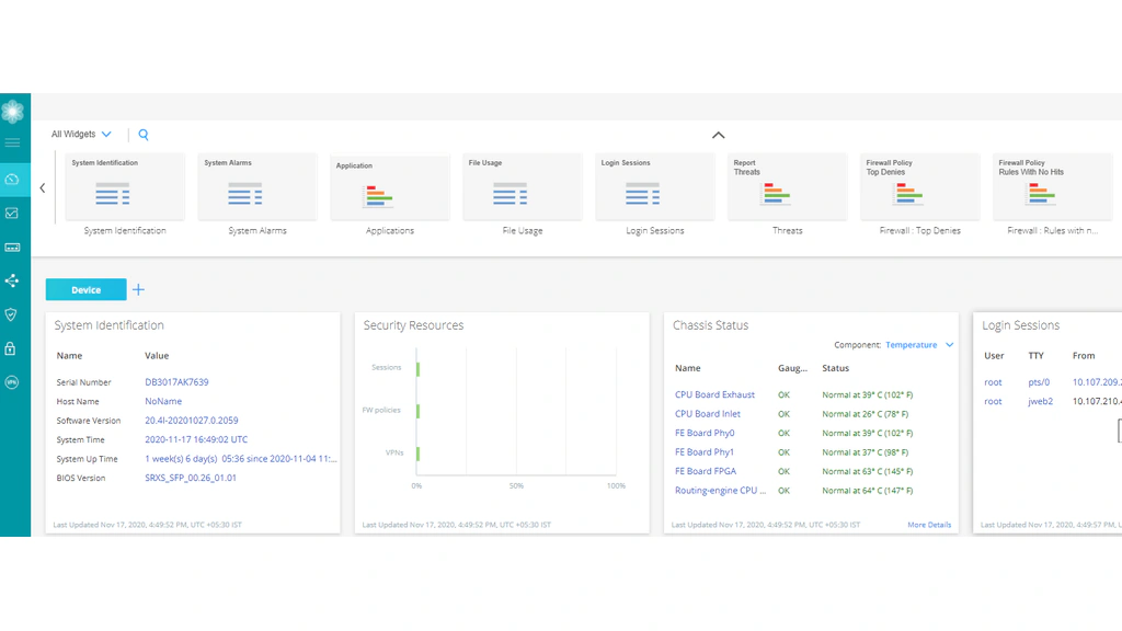 Juniper SRX dashboard showing system details, security resources, chassis status, and login sessions