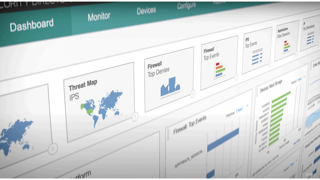 Juniper security dashboard showing threat maps, firewall events, and IPS widgets