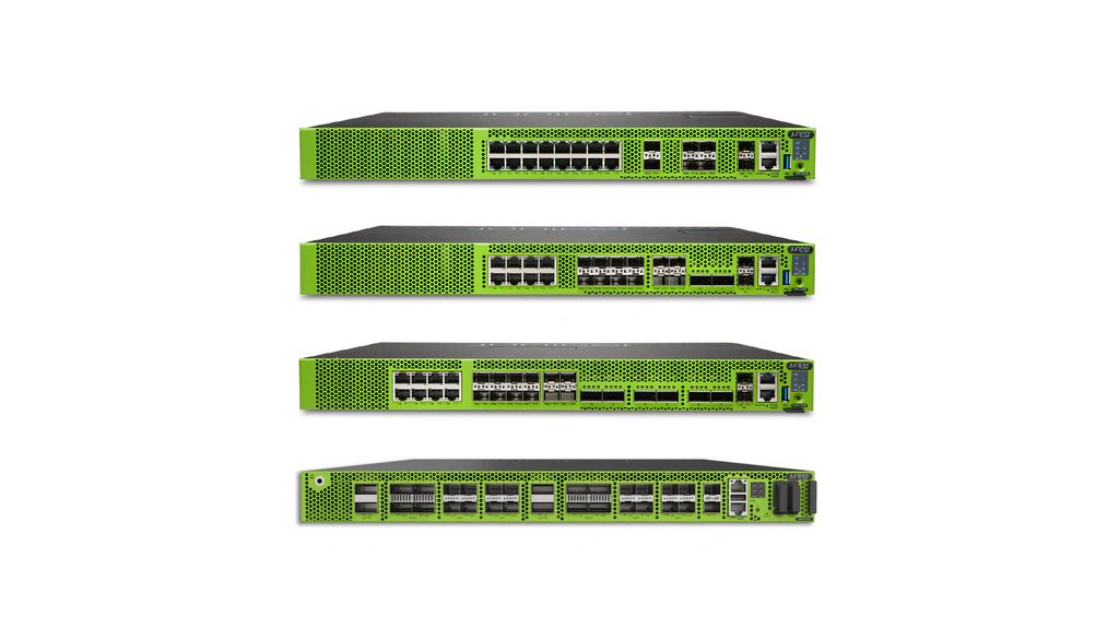 Four green Juniper SRX rack-mounted firewall appliances