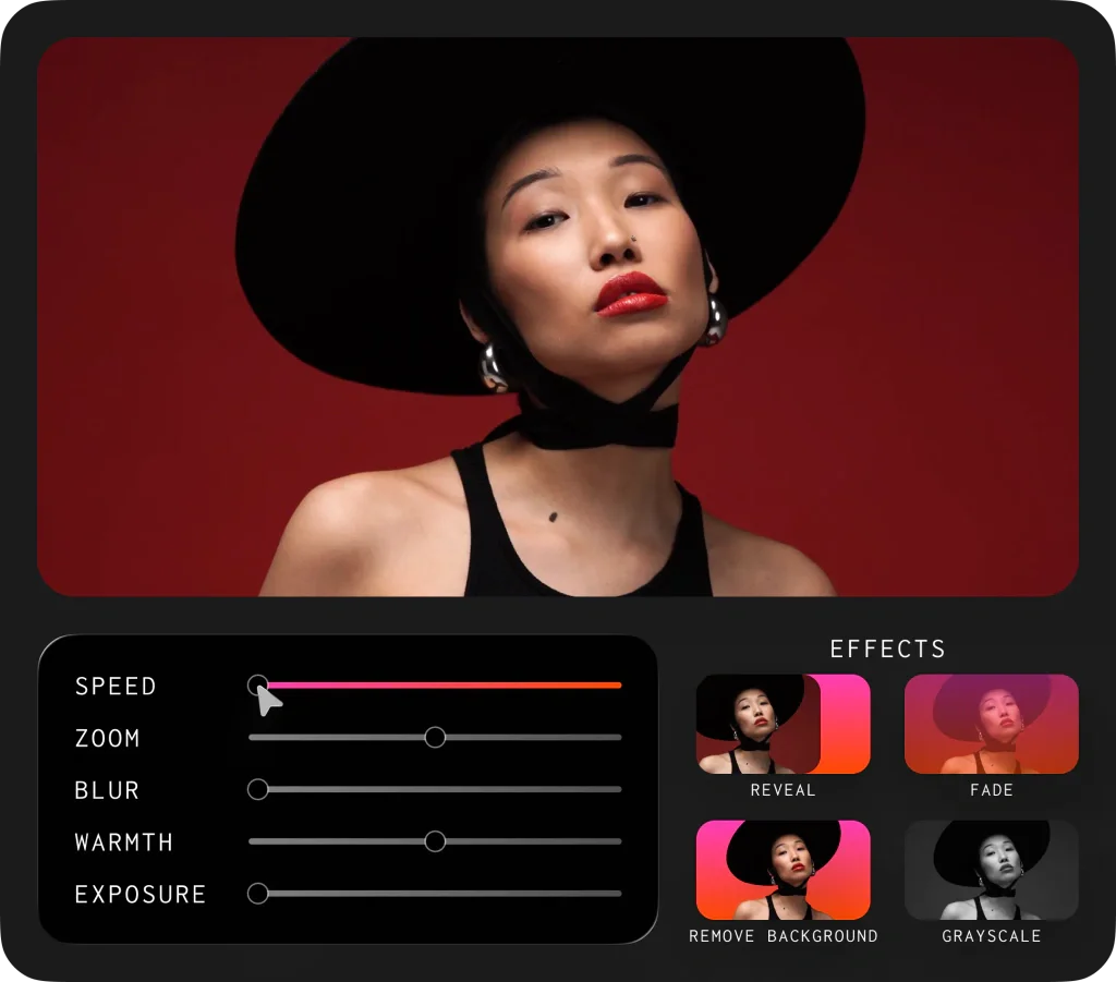 Kapwing editing controls for speed, zoom, blur, warmth, exposure, and effects
