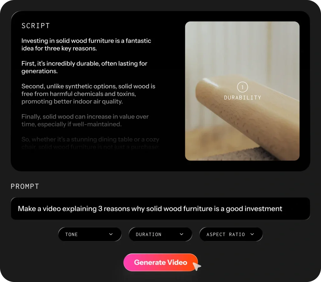 Kapwing AI video generator with prompt, script, preview, and format settings