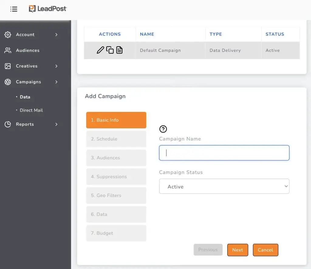 LeadPost campaign setup screen with steps for scheduling, audiences, suppressions, geographic filters, data, and budget.