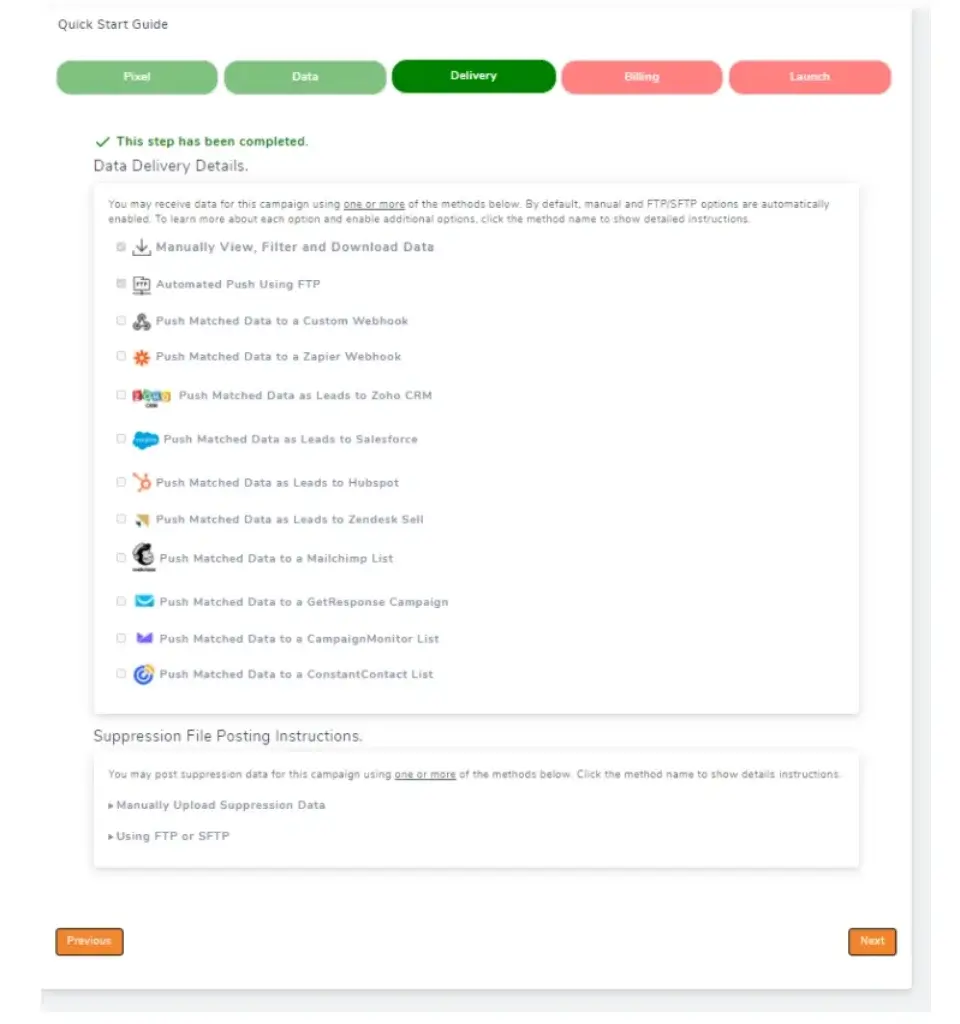 LeadPost data delivery setup with FTP, webhook, Zapier, CRM, and email platform integration options.