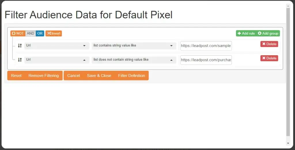 LeadPost audience filter builder with rules for including and excluding visitors based on page URLs.