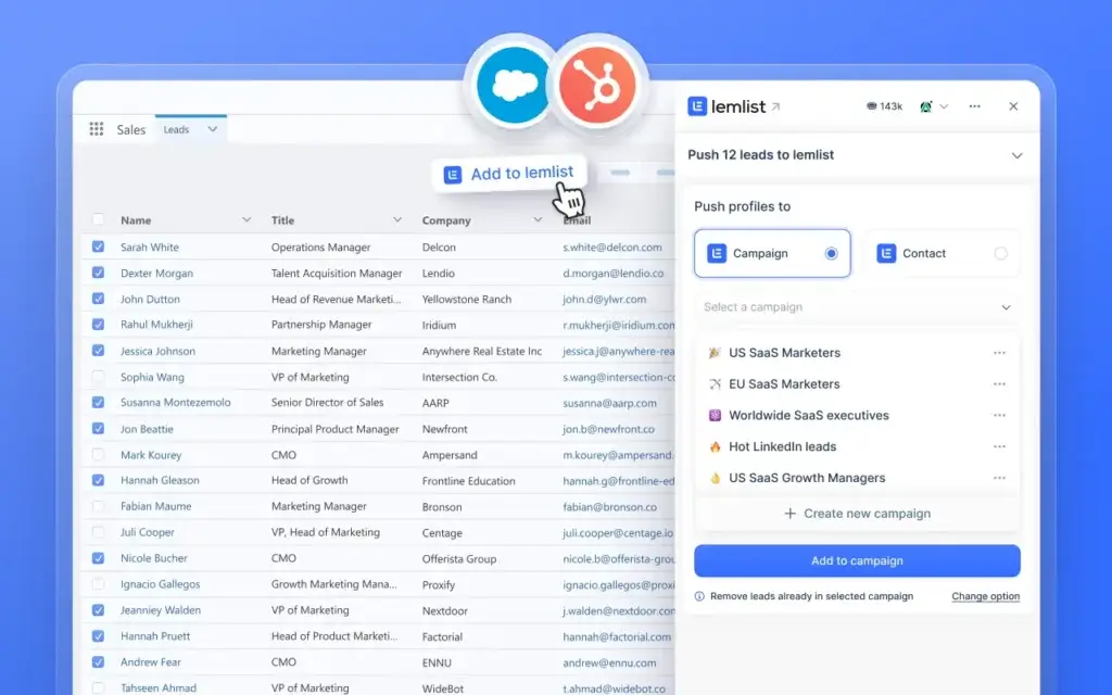 lemlist integration with HubSpot and Salesforce for adding CRM leads to outreach campaigns