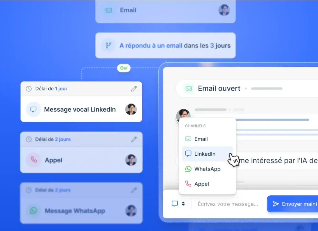 lemlist multichannel sequence combining email, LinkedIn, WhatsApp, and call steps