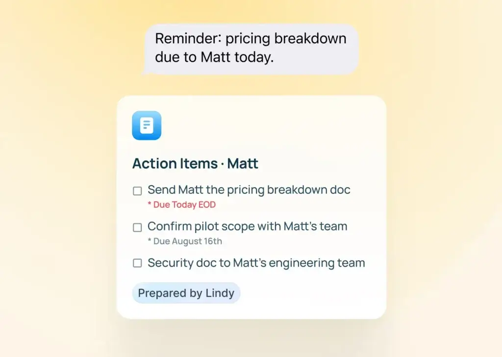 Lindy creating meeting action items and deadline reminders