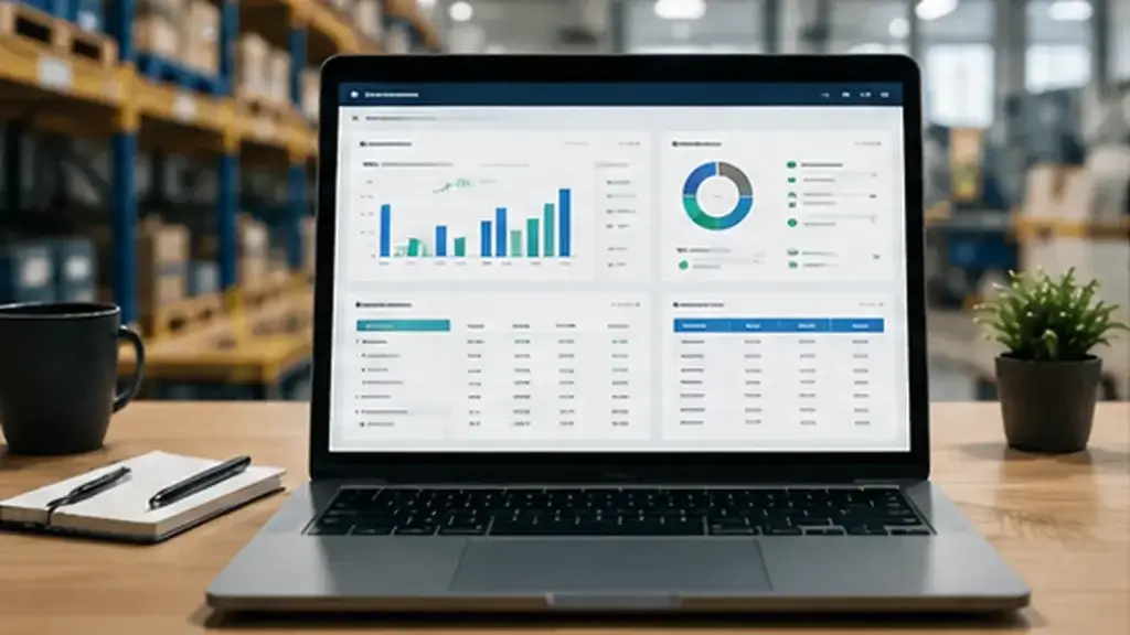 Manufacturing management software screen showing inventory planning, reorder points, production demand, and purchase requirements