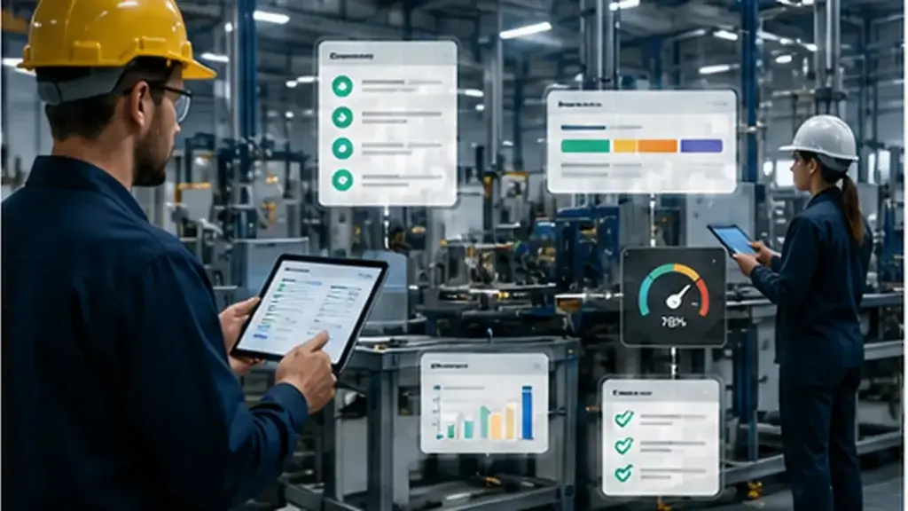 Shop floor work order tracking with production status, labor updates, machine utilization, and quality checks