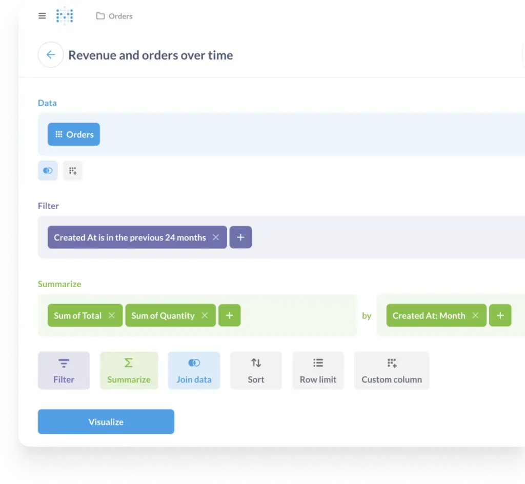Metabase visual query builder filtering and summarizing order data without SQL