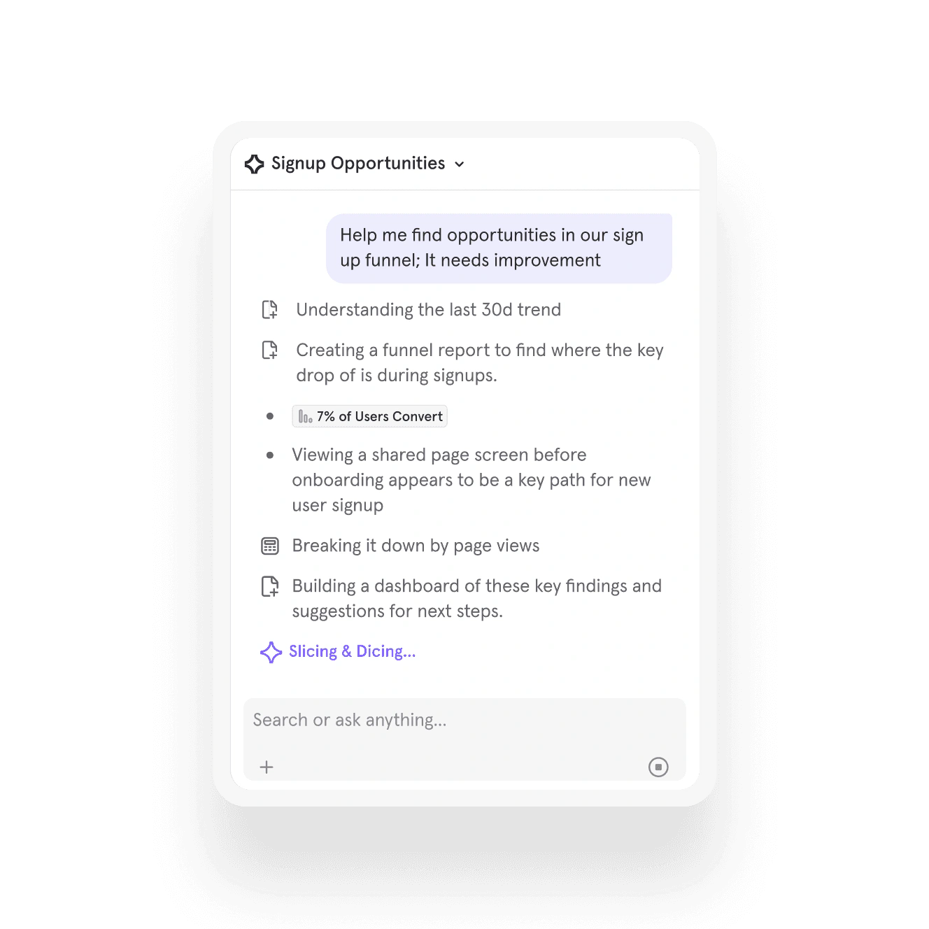 Mixpanel Agent analyzing signup funnel opportunities and creating a conversion report