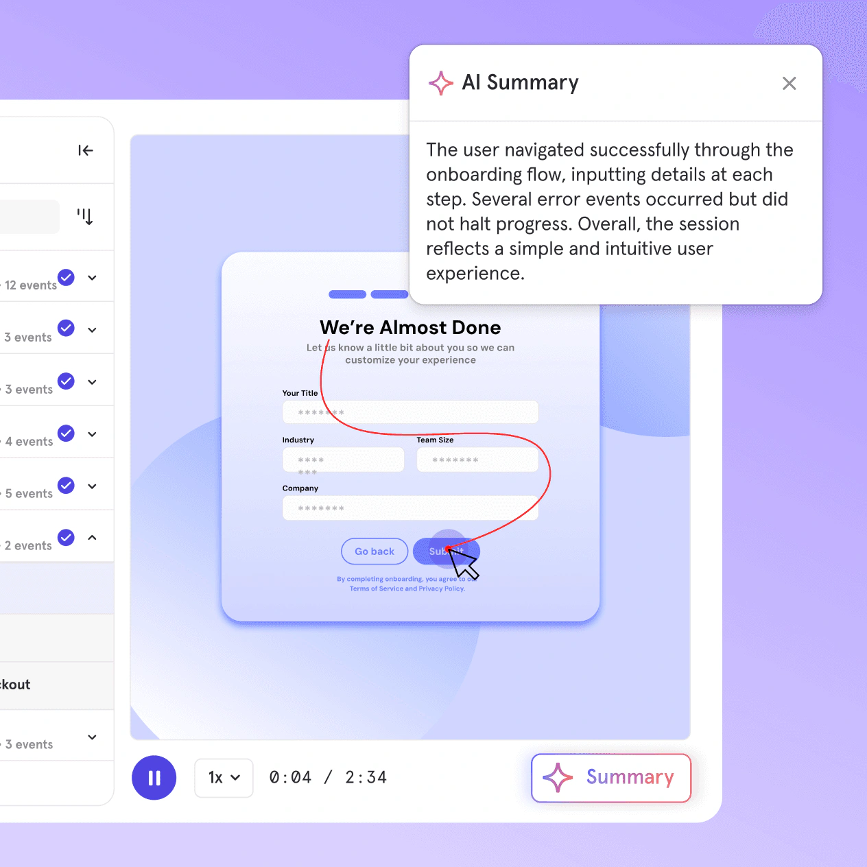 Mixpanel session replay showing an onboarding form, cursor path, event list, and AI summary