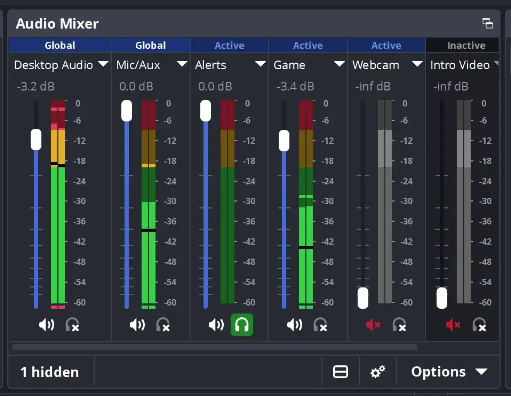 OBS Studio Audio Mixer showing desktop, microphone, alerts, game, webcam, and media channels